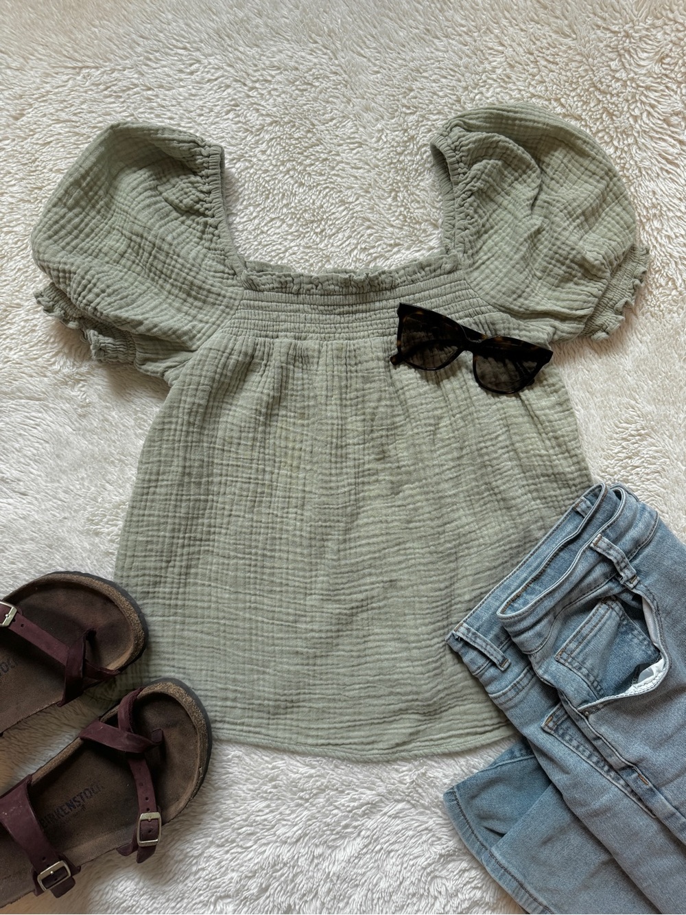 Pale Green Puff-Sleeve Square Neck Cotton Gauze Short Sleeve Top